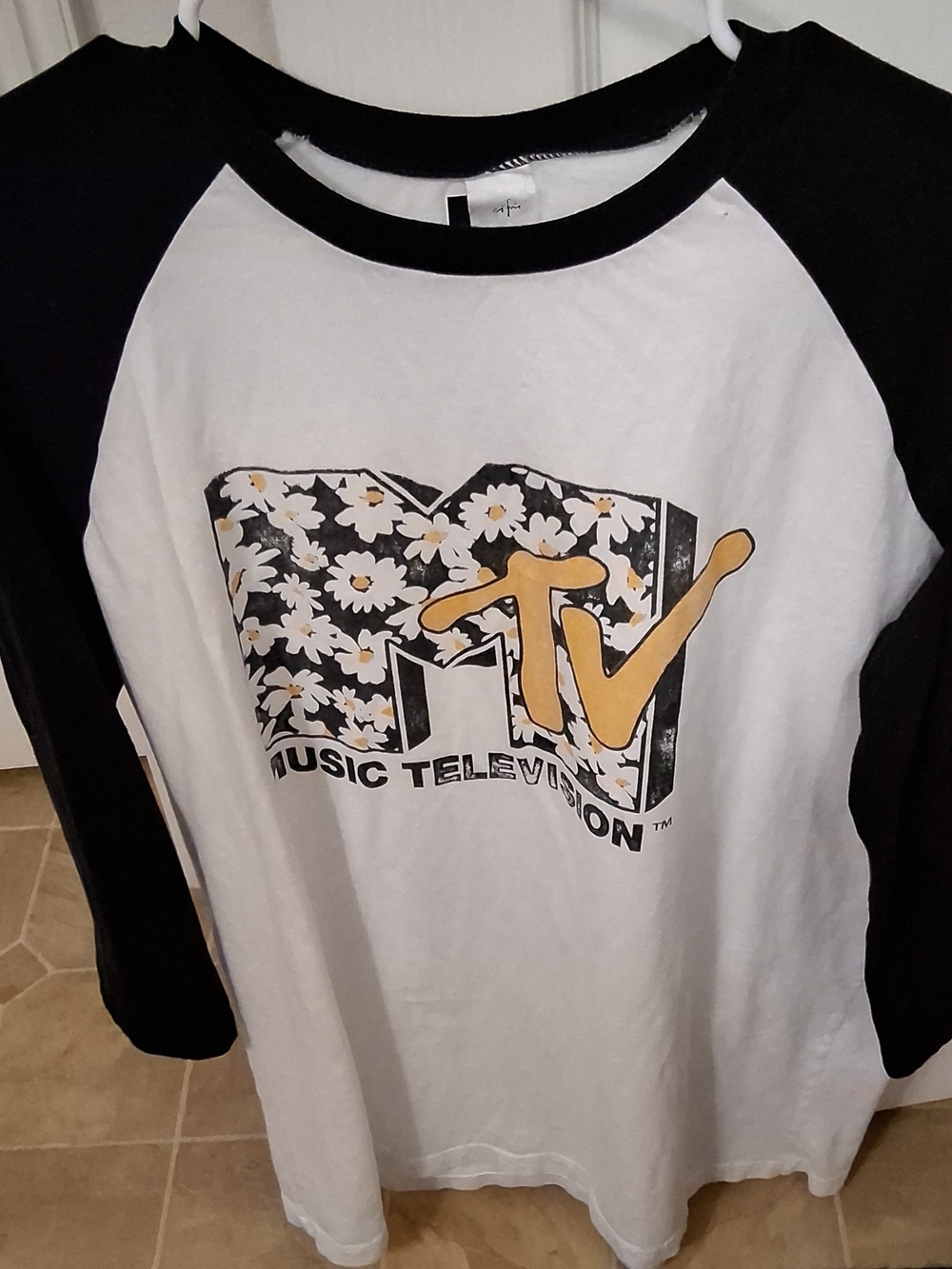 MTV Black & White Raglan Graphic Tee with Yellow Logo